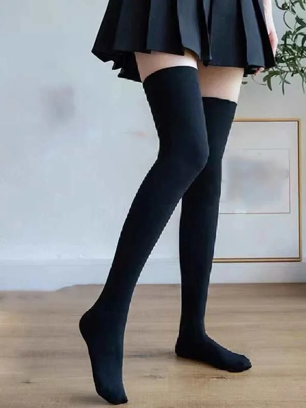 1pair Women's Solid Color Velvet Thigh High Stockings