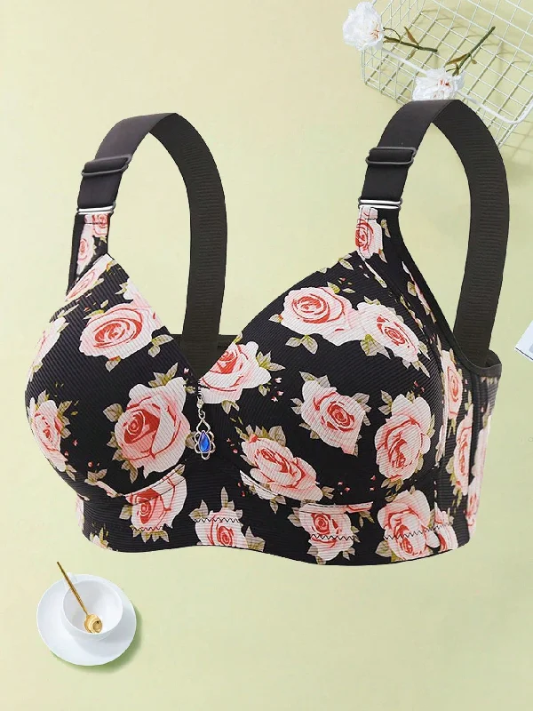 1pc Rose Printed Bra With Anti-Sagging, Push-Up & Wireless Features Bra