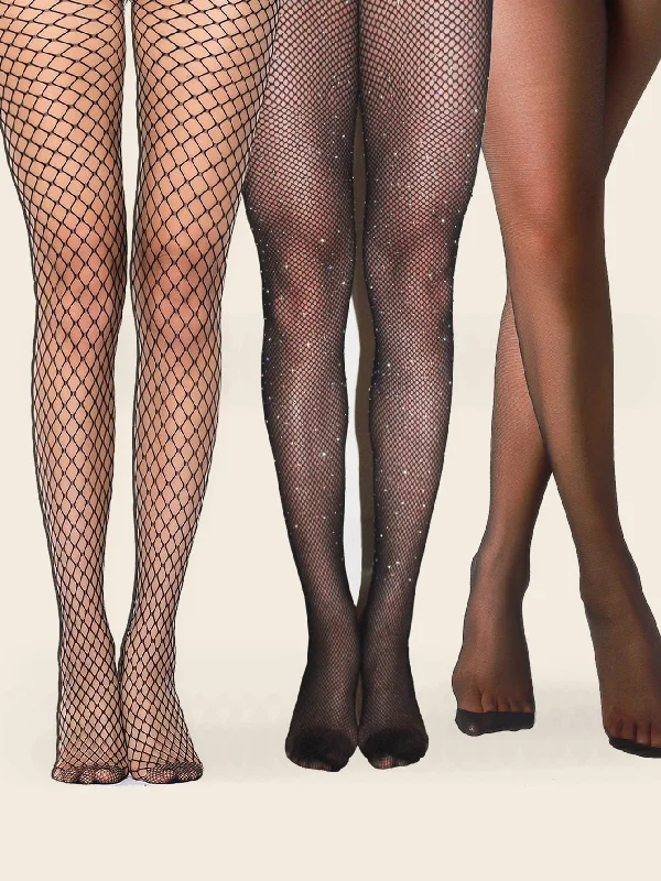 3pairs Rhinestone Decor Fishnet Mesh Tights