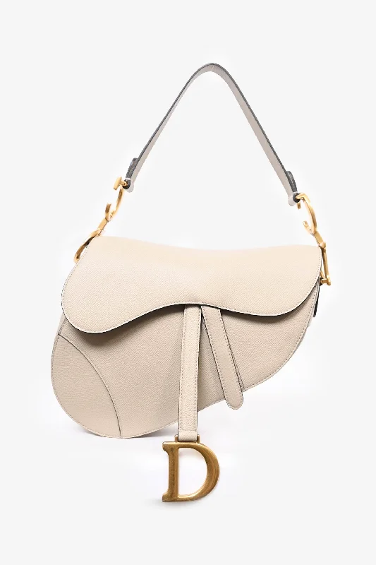 Christian Dior Beige Grained Leather Medium Saddle Bag with Strap