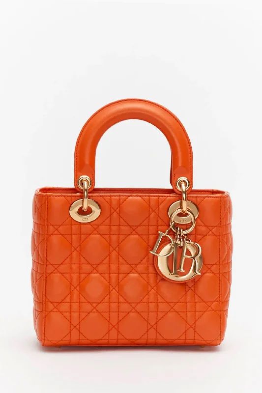 Christian Dior Limited Edition Orange Lambskin Small Lady Dior Top Handle