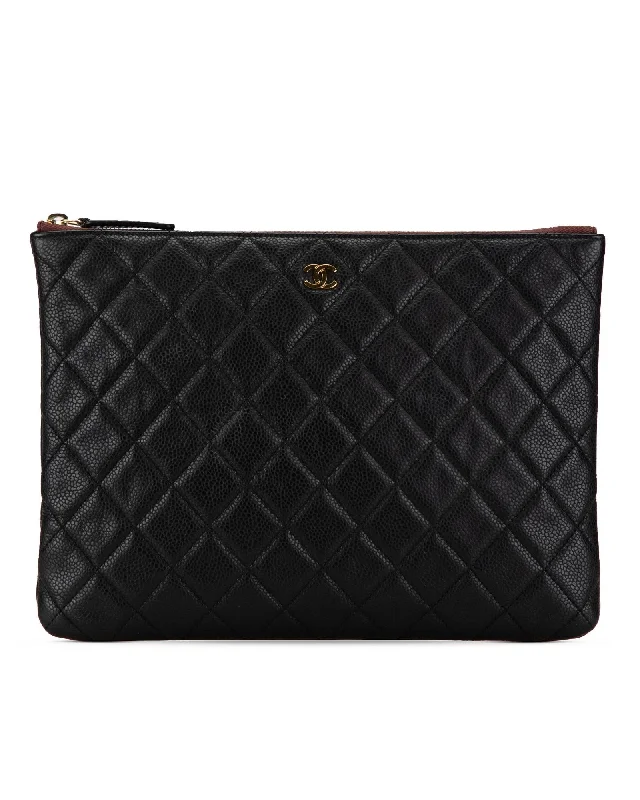 Quilted Caviar Leather Clutch with Zip Closure and Pockets