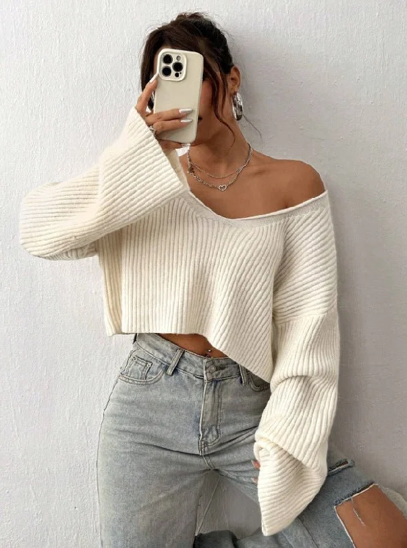 Cropped loose V-neck drop shoulder short ribbed knitted sweater