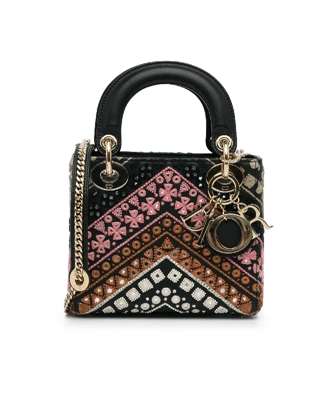 Mini Embroidered Calfskin Lady Dior with Detachable Strap and Interior Zip Pocket