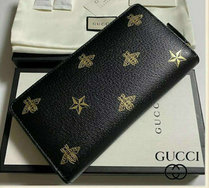 Gucci Black Leather Large Long Wallet Zip Around Gold Oro Bee Star Italy NEW