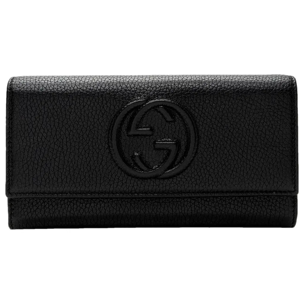 Gucci Soho Black Pebbled Leather Long Wallet Flap GG Large Authentic Italy NEW