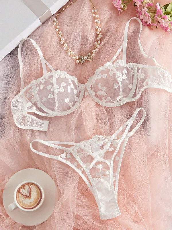 Heart Shape Embroidery Sheer Lingerie Set, Bra And Panty