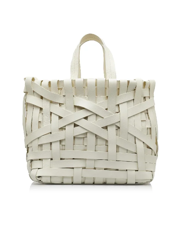 Woven Leather Basket Tote with Flat Handles and Interior Slip Pocket