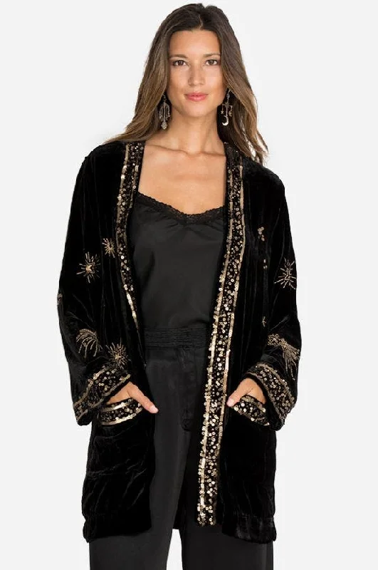 Johnny Was Aruna Velvet Smoking Jacket Embroidered Gold Sun Kimono Black NEW