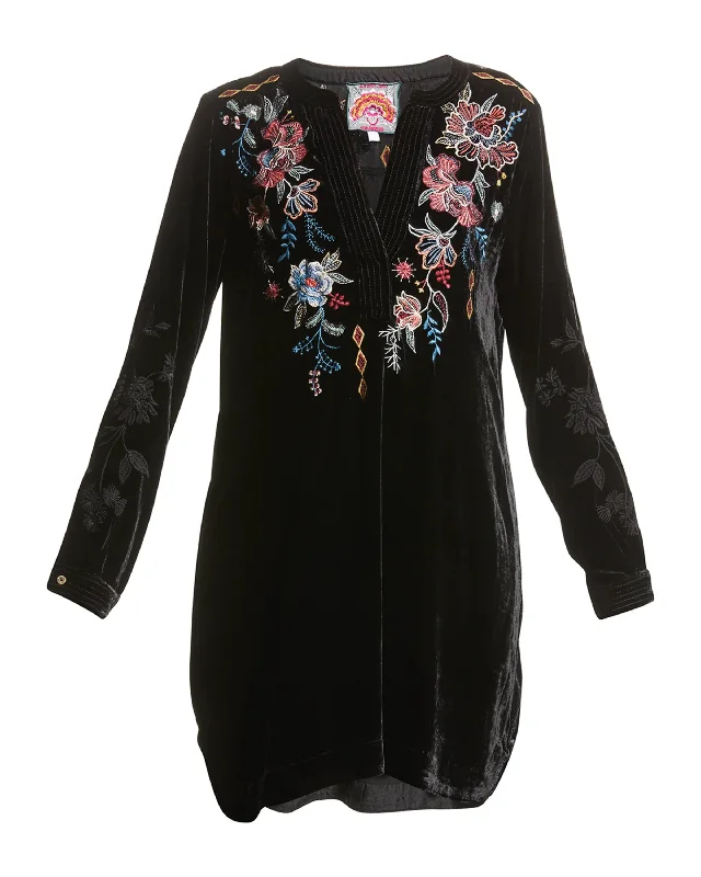 Johnny Was DENALI VELVET RELAXED TRAPUNTO TUNIC Black Embroidered Shirt Top New