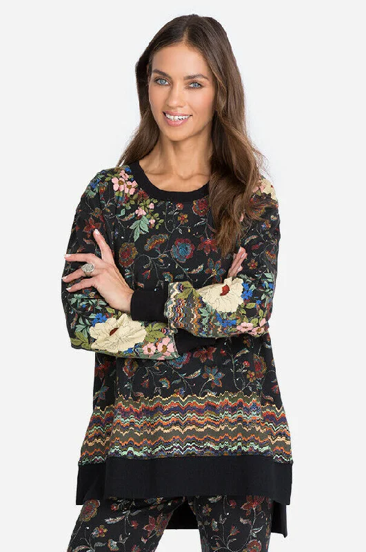 Johnny Was Embroidery Flower Tunic Black Crew Long Sleeve Shirt XLARGE