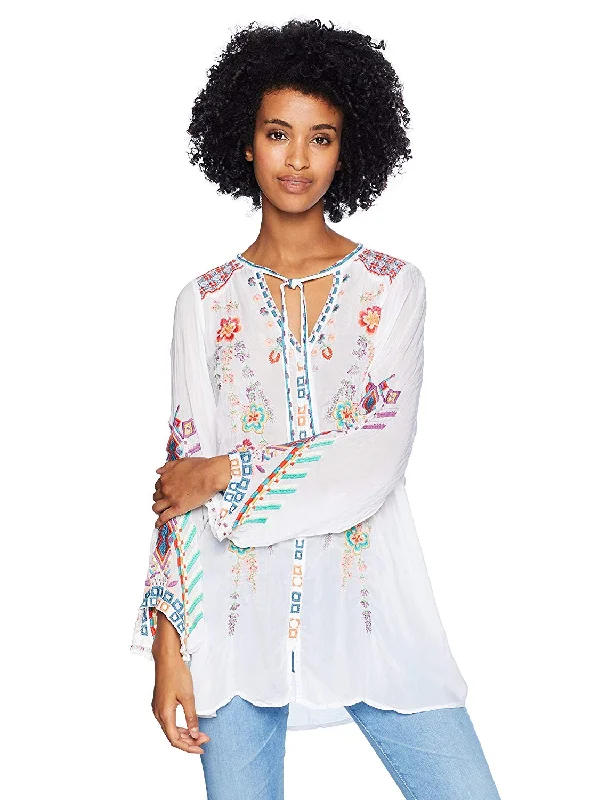 Johnny Was Women's Rayon Tie Neck 3/4 Sleeve Relaxed Embroidered Blouse