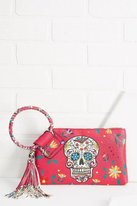 JY0406 Gabriela Sugar Skull Day of the Dead Tassel Wristlet/Clutch