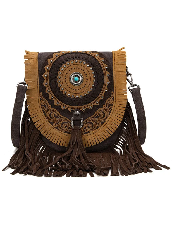 Montana West MW1291-8360CF Womens Concho Fringe Collection Saddle Bag Coffee