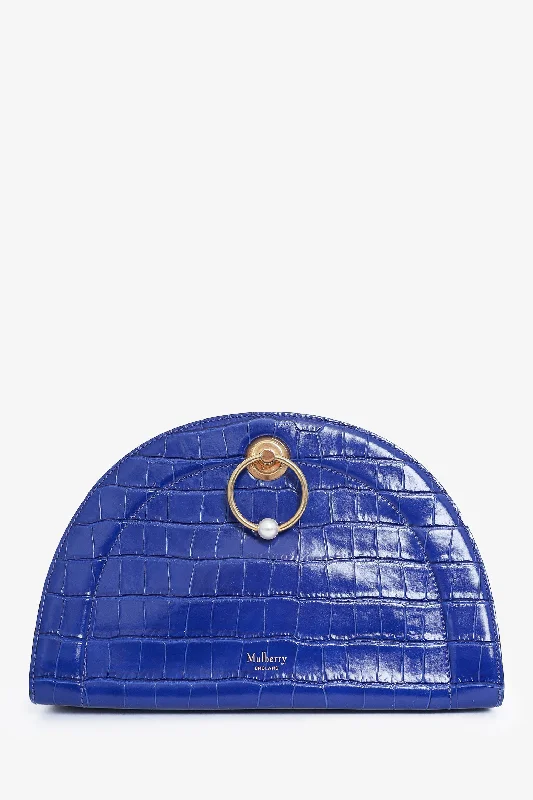 Mulberry Blue Croc Embossed Crescent Clutch with Chain