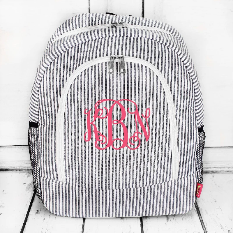 Navy Striped Seersucker Large Backpack