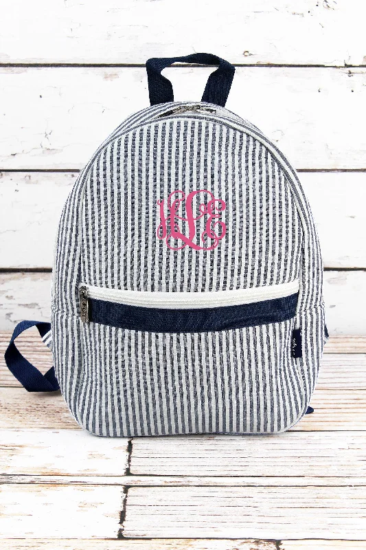 Navy Striped Seersucker Small Backpack