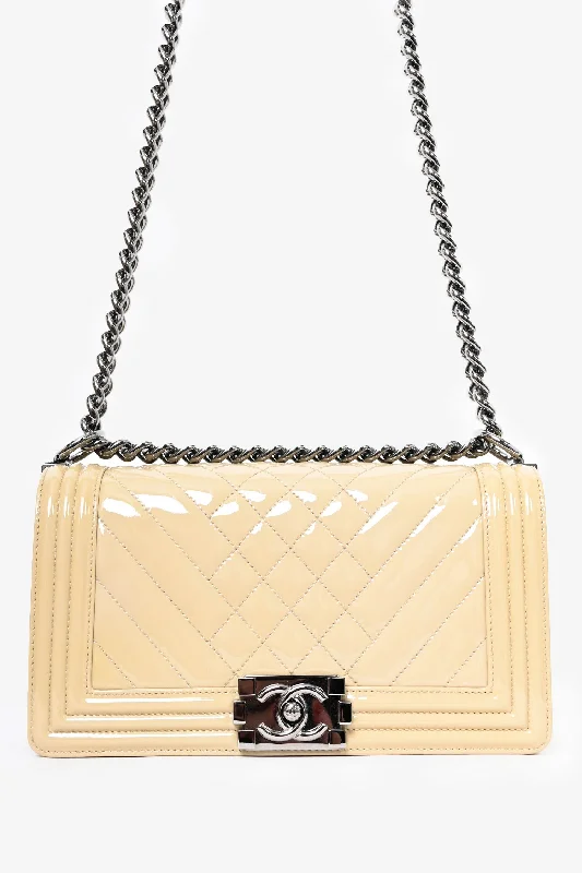 Pre-Loved Chanel™ 2014 Beige Chevron Patent Leather Old Medium Boy Bag (As Is)