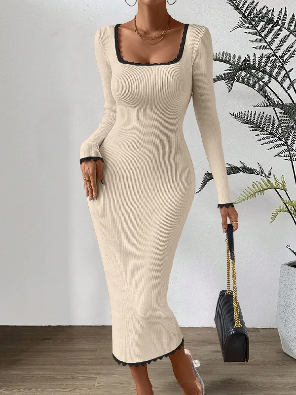 Privé Contrast Binding Square Neck Bodycon Sweater Dress