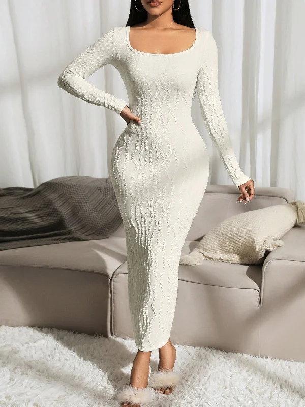 SXY Autumn/Winter Round Neck Cable Knit Apricot Long Sleeve Dress