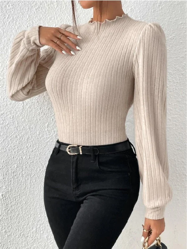 Trim high collar long sleeve slim witner top