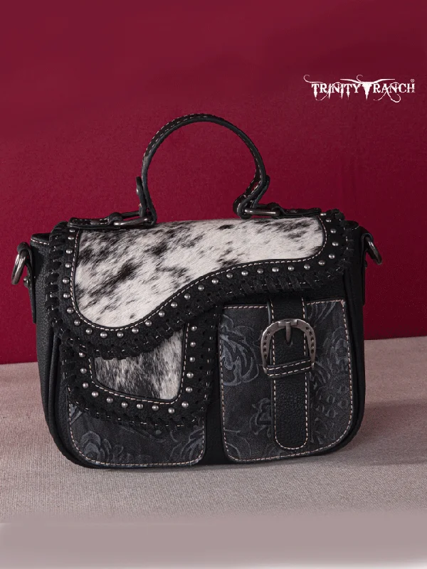 Trinity Ranch TR149-8360BK Womens Hair-On Cowhide Saddle Shape Crossbody Satchel Black