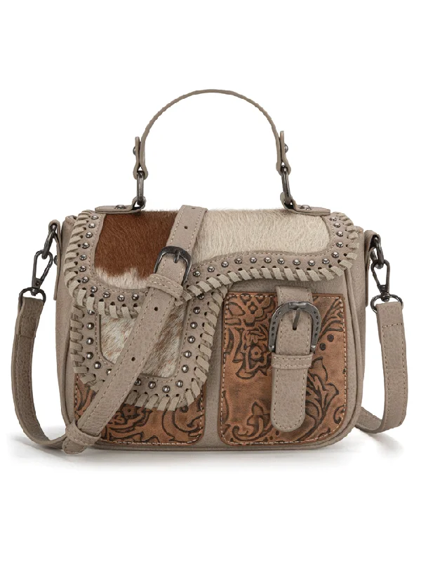 Trinity Ranch TR149-8360TN Womens Hair-On Cowhide Saddle Shape Crossbody Satchel Tan