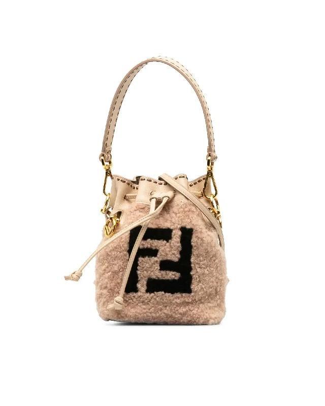 Shearling Mini Bucket Bag with Leather Handle and Drawstring Closure