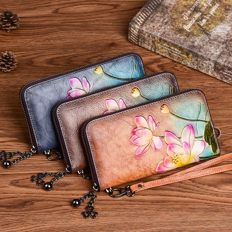 Women's Fashion First Layer Cowhide Zipper Embossed Coin Purse