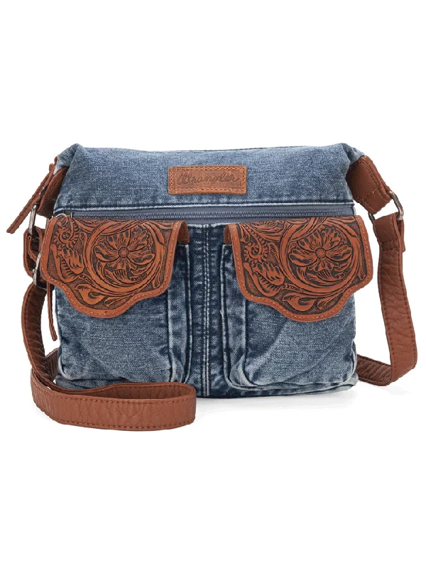 Wrangler WG103-2009JN Womens Floral Tooled Jean Crossbody Bag Denim