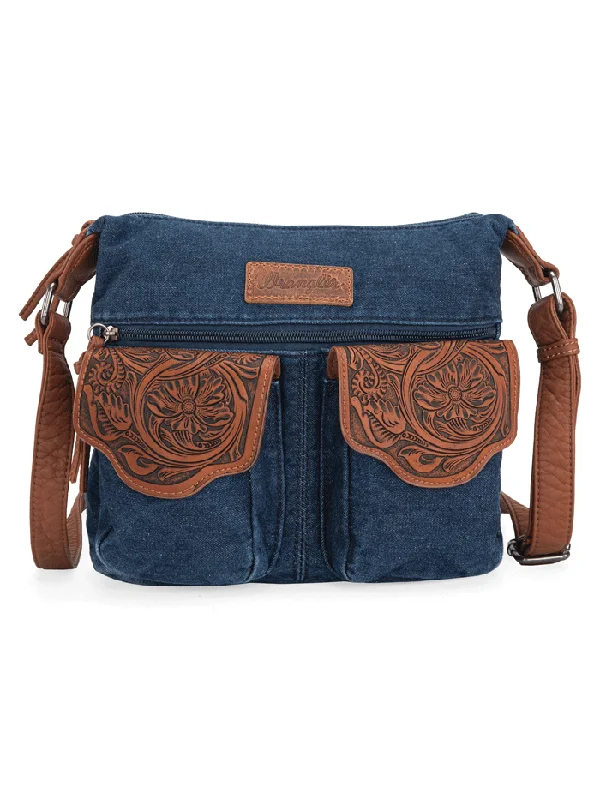 Wrangler WG103-2009NY Womens Floral Tooled Jean Crossbody Bag Navy