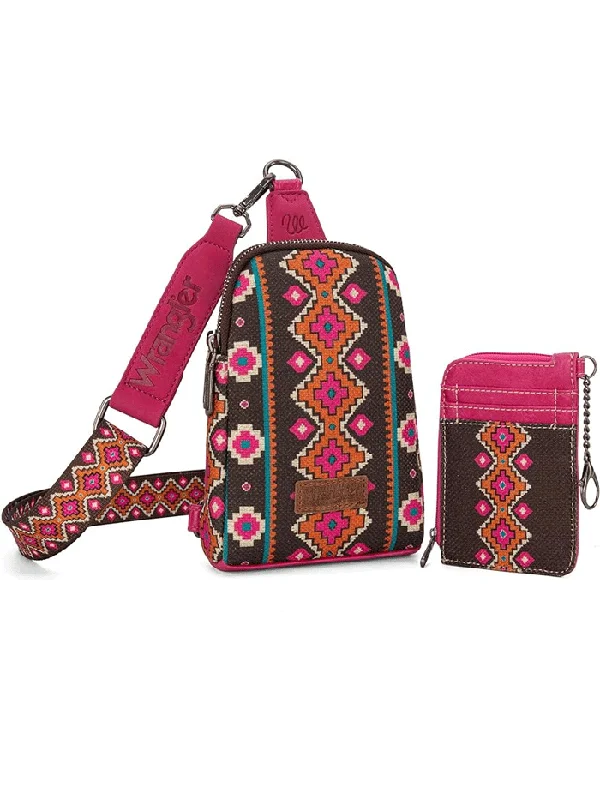 Wrangler WG2205-210WHPK Womens Aztec Print Crossbody Sling Chest Bag With Zip Card Holder Set Hot Pink