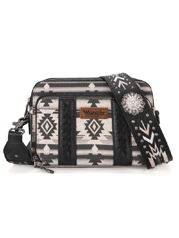 Wrangler WG2207-3003BK Womens Aztec Printed Crossbody Purse With Wallet Compartment Black