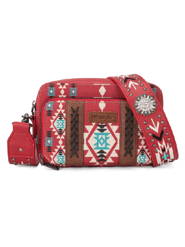 Wrangler WG2207-3003RD Womens Aztec Printed Crossbody Purse With Wallet Compartment Red