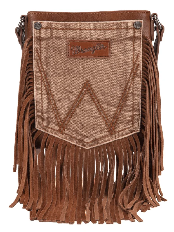 Wrangler WG44-8360LBR Womens Leather Fringe Jean Denim Pocket Crossbody Bag Brown