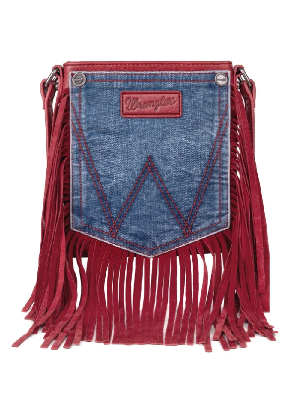 Wrangler WG44-8360RD Womens Leather Fringe Jean Denim Pocket Crossbody Bag Red