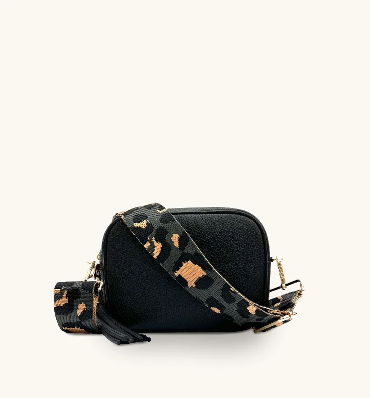 The Tassel Black Leather Crossbody Bag With Grey Leopard Strap