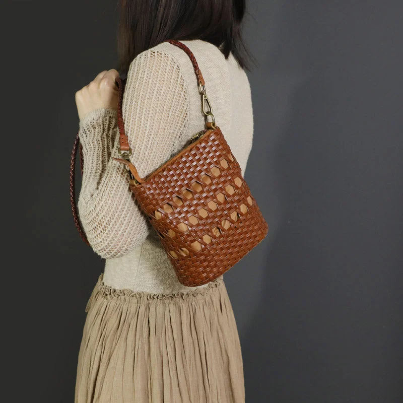 Boho Womens Woven Leather Crossbody Bag Brown Shoulder Bag