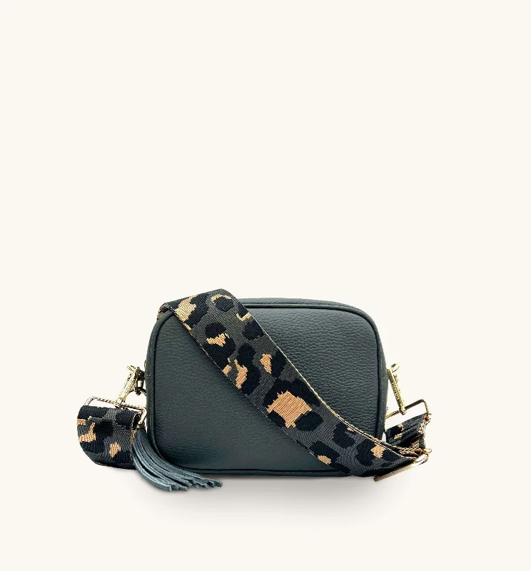 The Tassel Dark Grey Leather Crossbody Bag With Grey Leopard Strap