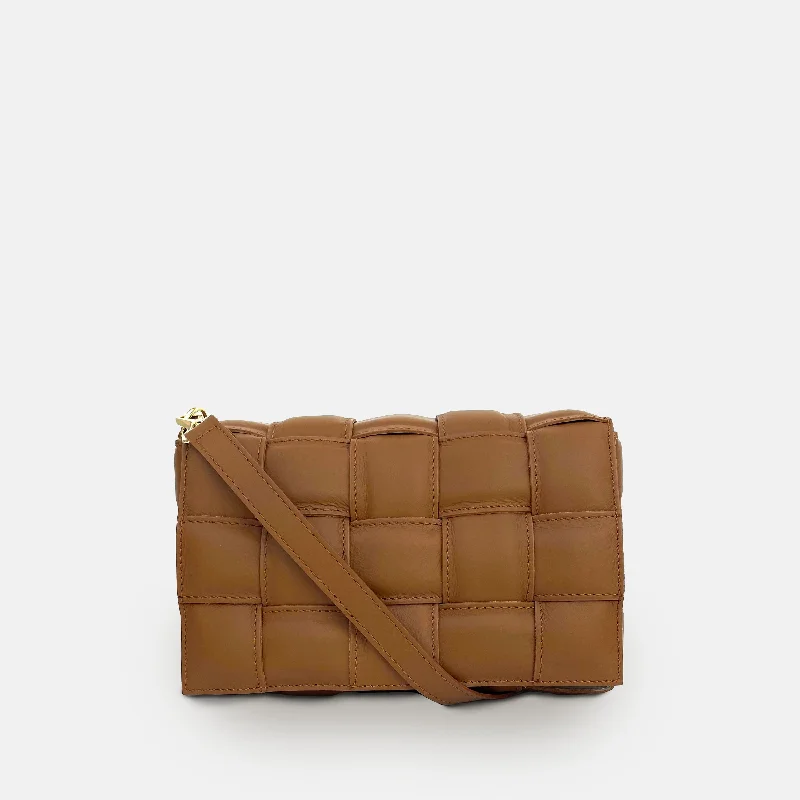 Tan Padded Woven Leather Crossbody Bag