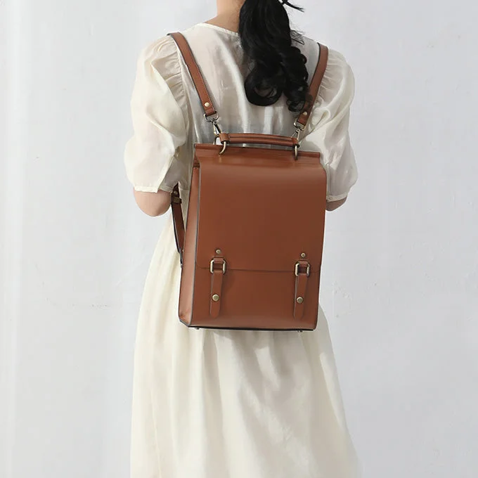 Ladies Square Leather Backpack Brown Leather Backpack